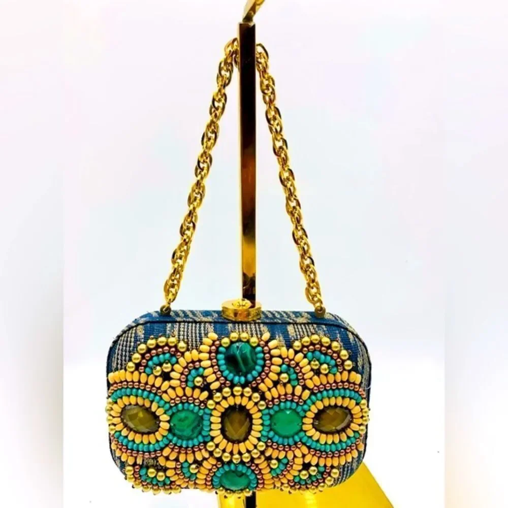 Auth Rafe Minaudière Beaded Boho Canvas Box Clutch Gold-Tone Chainlink Strap